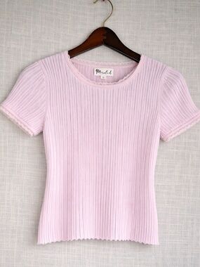 Blush Pink Ribbed Knit Lace Trim Fitted Tee Top Coquette Balletcore S
